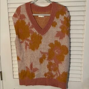 Maeve-Anthropologie Loppy Floral V-Neck Oversized Sweater - Pink and Orange
